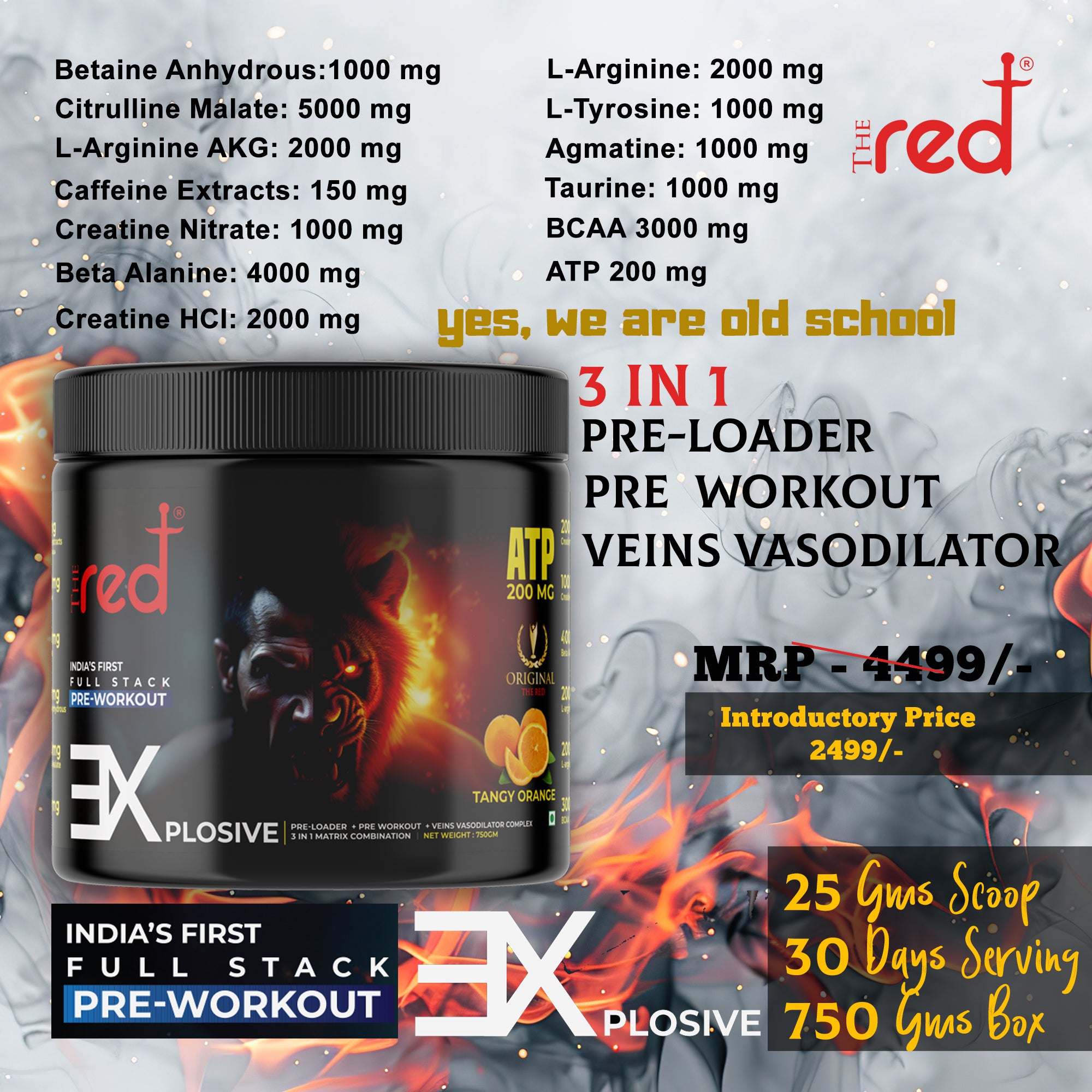 The Red Explosive 3 in1 Preworkout | ATP 200 mg | Heart Health  | Veins Vasodilator | Preloader I Lab Tested I Sugar free I 750 gms / 30 servings